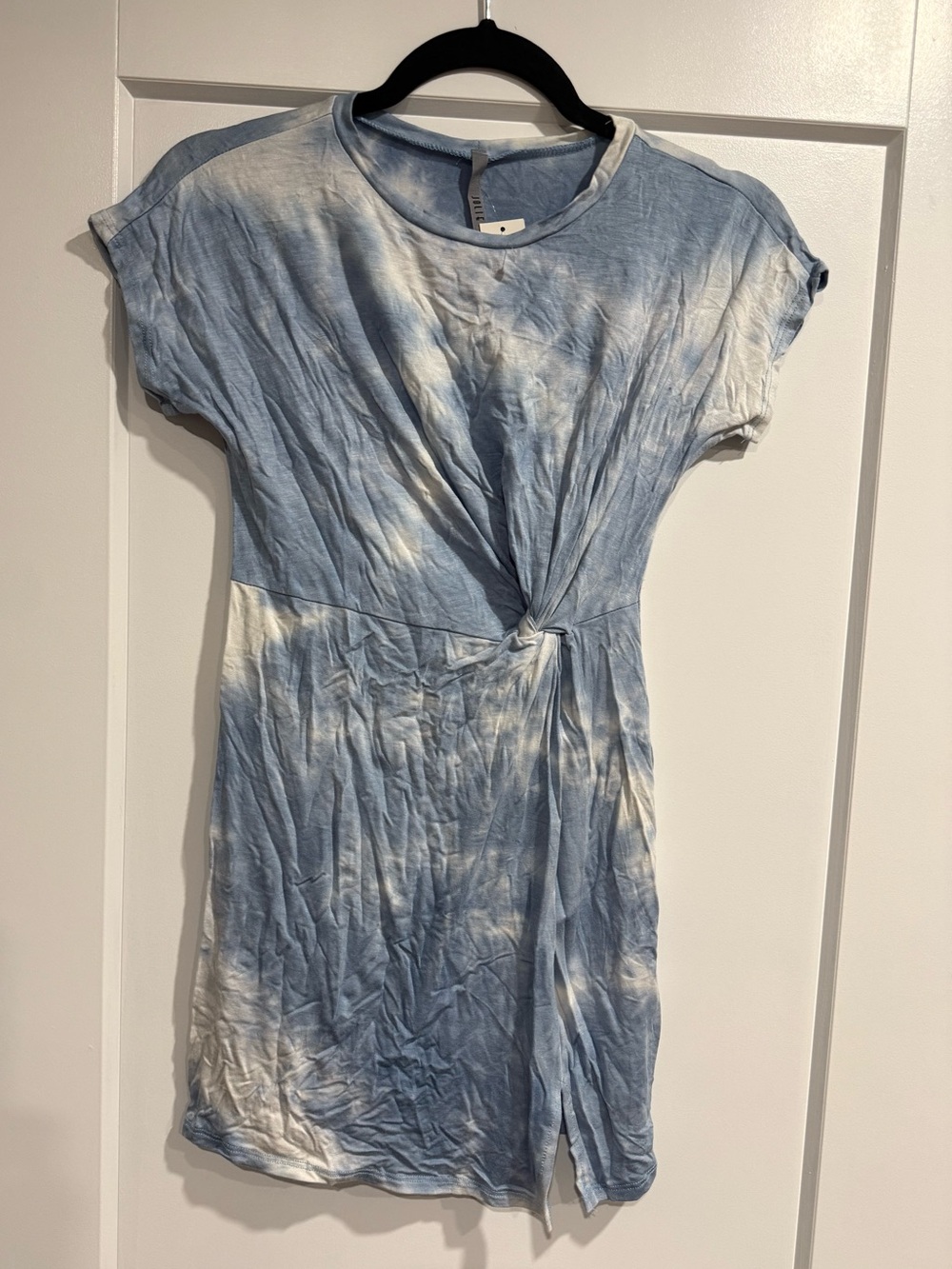 Francesca’s Jolie Summer Short Sleeve Light Blue Tie-Dye Knot Front Mini Dress